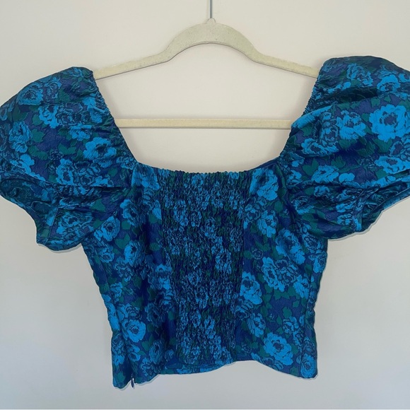 Anthropologie Puff Sleeve Jaquard Top 4 Square Neck Cropped Blue/Green NEW! - Picture 5 of 10